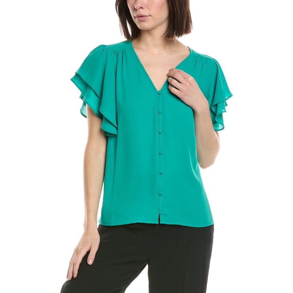 Cece Womens  Double Flutter Shirred Shoulder Blouse, Green